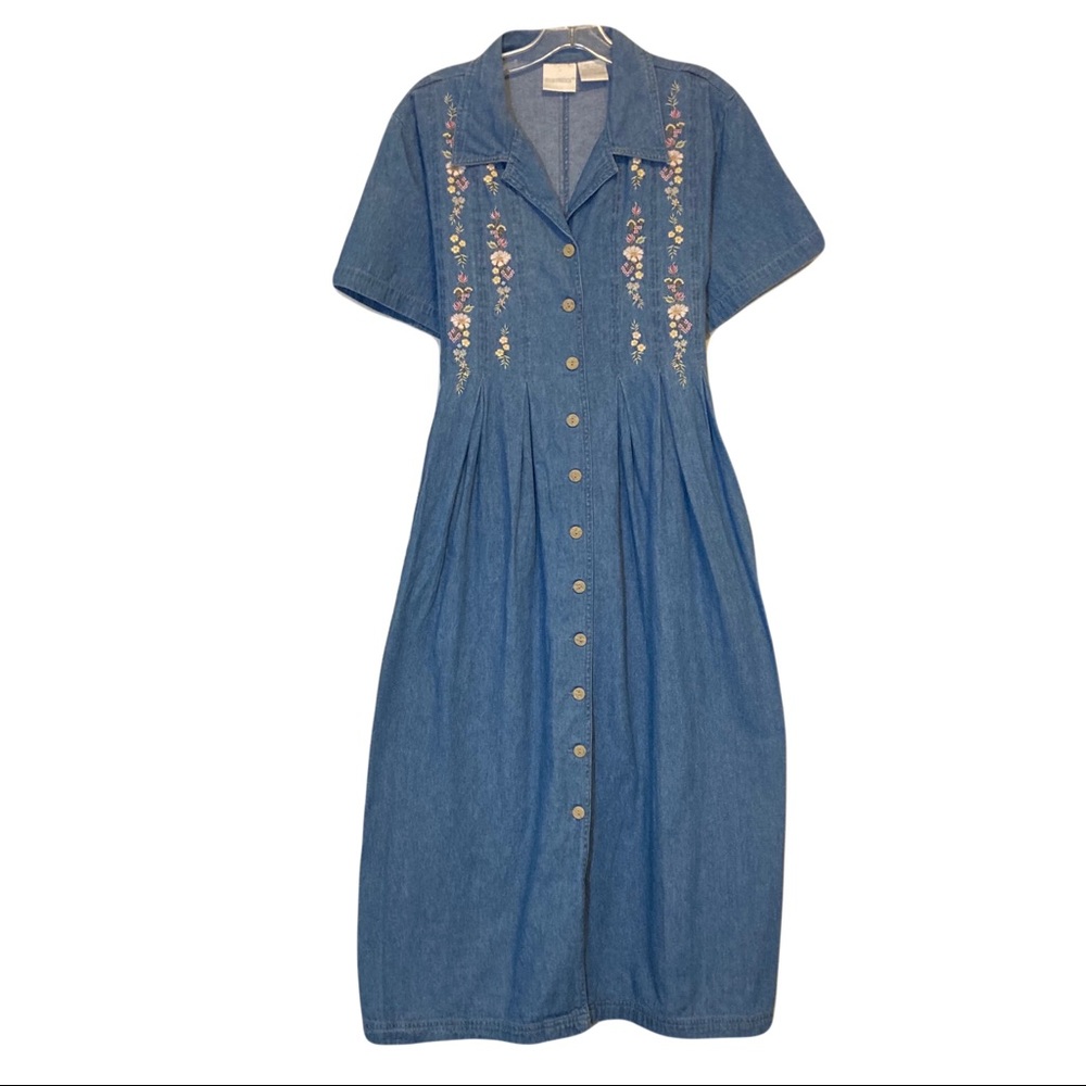 Vintage 90s embroidered denim dress M L floral embroidery collared button front